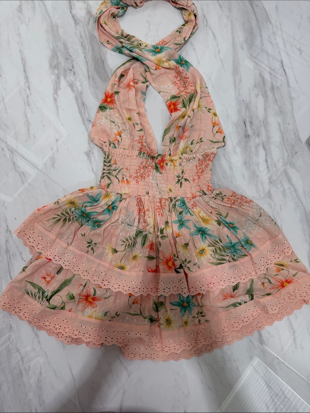 Pilyq Peach Floral Halter Sundress with Teal & Yellow Accents